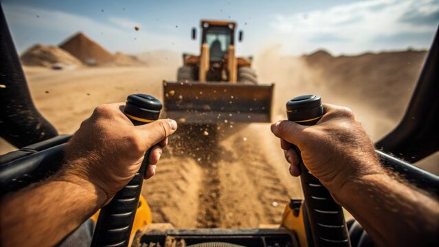A medium closeup of an operators hands gripping the control levers of a skid steer with dirt and debris flying around highlighting the precision required in maneuvering the