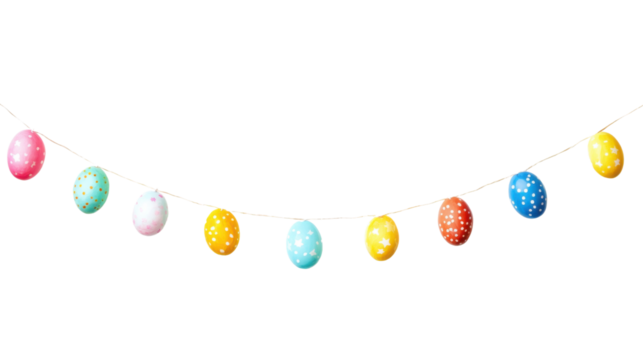 Easter eggs hanging on a string transparent background