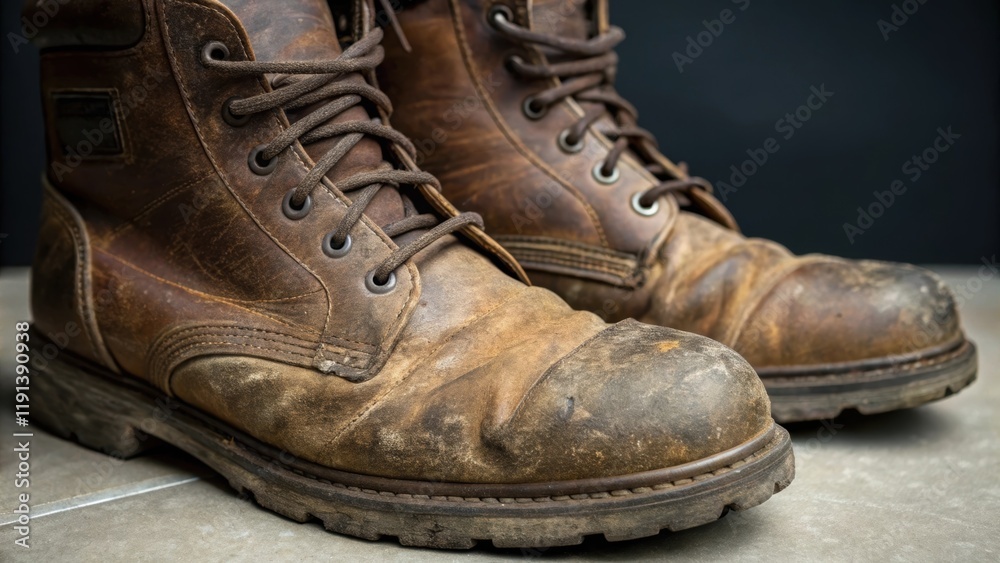 Poster a medium closeup of a pair of worn leather boots showing scuff marks and creases that tell the story