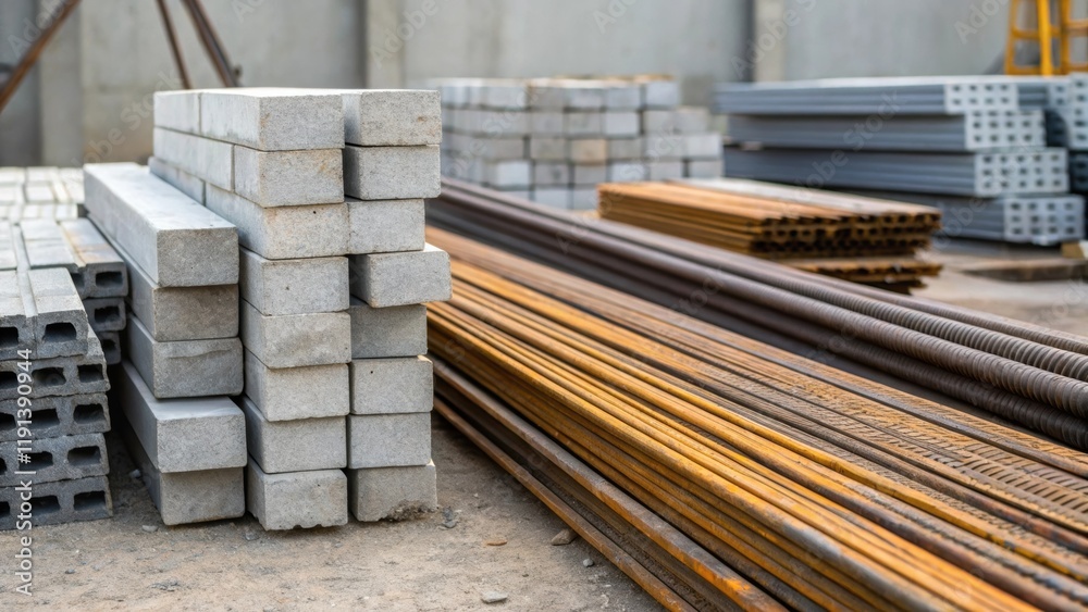 Poster a medium closeup of a pile of construction materials like concrete blocks and steel beams showcasing