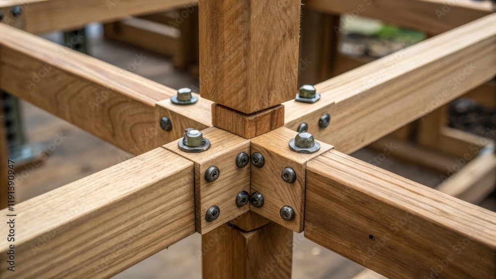 Poster A medium closeup of a partially assembled wooden structure focusing on the interlocking joints and connectors the rich texture of the raw wood contrasting against the precision of