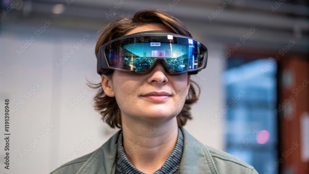 Poster a medium closeup of a person wearing augmented reality glasses where the overlay of digital images i