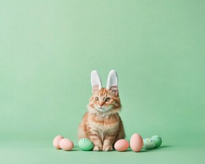 Whimsical Easter Cat with Bunny Ears and Colorful Eggs on Pastel Green Background – Perfect for Easter, Christmas, and Thanksgiving Greetings
