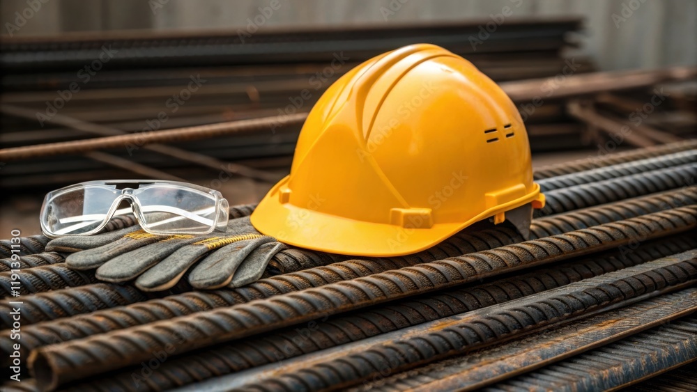 Poster a medium closeup of a protective helmet resting on a stack of steel rebar with safety glasses and gl
