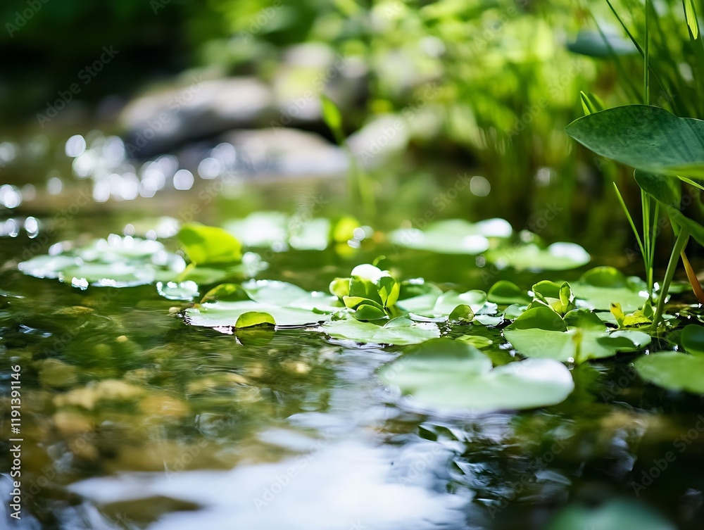 Poster Serene Pond with Lush Green Lilypads and Gentle Ripples in Nature Setting : Generative AI