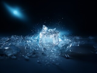 A single melting ice cube surrounded by shattered ice, illuminated with a glowing blue light on a dark background, creating a dramatic, frosty atmosphere.