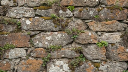 Fototapeta premium A medium closeup of a rough stone wall displaying various shades of gray and brown with lichen and small plants embedded in crevices emphasizing the interplay between nature and