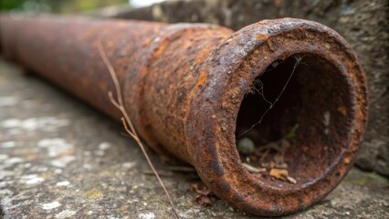 A medium closeup of a rusted cast iron drainpipe revealing age and wear with specks of corrosion and a tangle of roots visible through a visible crack.