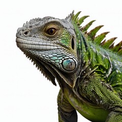Obraz premium Closeup View of a Green Iguana Isolated on a White Background Showcasing Its Textured Scales and Bright Color