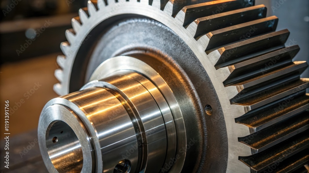 Poster A medium closeup of a steel cogwheel revealing the gear teeths sharp angles and contours with sections of light glinting off its surface emphasizing the mechanical engineering