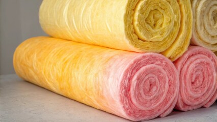 A medium closeup of a stack of insulation rolls displaying soft fibrous texture and bright colors that underscore their importance in energy efficiency and comfort in building