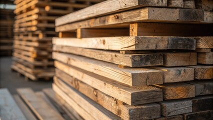 A medium closeup of a stack of reclaimed wood planks focusing on the play of light and shadow across their surfaces creating a dynamic composition that highlights their rustic