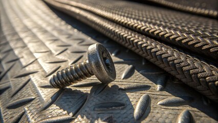 A medium closeup of a steely rivet embedded in a fabriclike structure of overlapping metal sheets where the interplay of shadows and highlights accentuates the rugged texture and