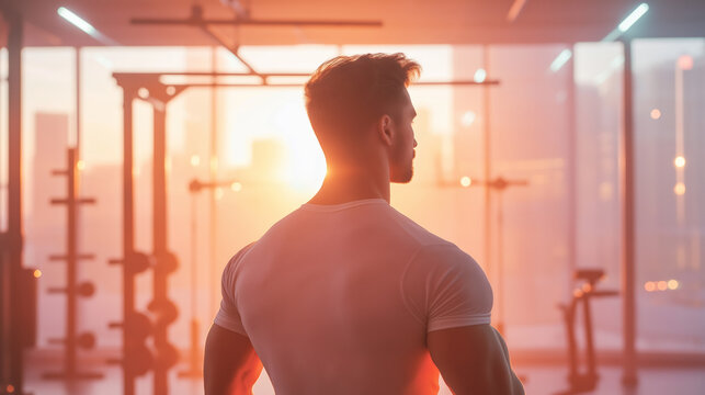A focused athlete in a gym, standing in the soft glow of a serene sunrise through large windows