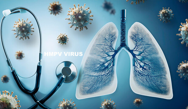 Hmpv virus Human metapneumovirus attacking lungs with stethoscope: medical concept