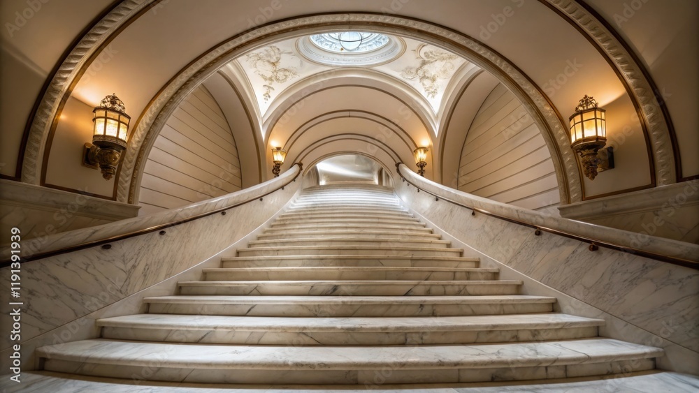 Poster a medium closeup of a sweeping staircase spiraling upwards featuring polished marble steps that conv