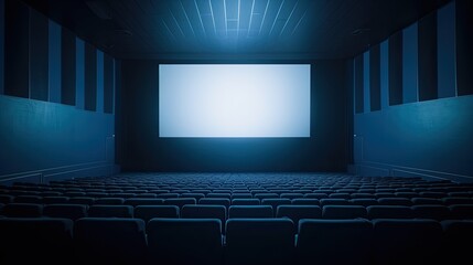 Empty cinema auditorium with seats and light spot on screen.