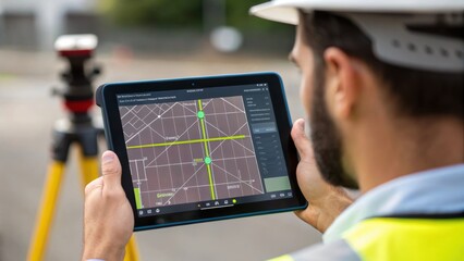 A medium closeup of a surveyor analyzing a tablet displaying scanned data points overlaid on a realworld image with attention to the detailed planning and mapping process.