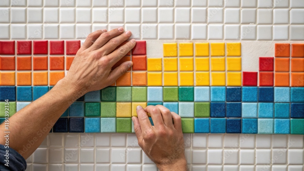 Aufkleber A medium closeup of a tilers hands laying out vibrant mosaic tiles on a wall color and texture in focus reflecting the precision in alignment and artistic flair in creating