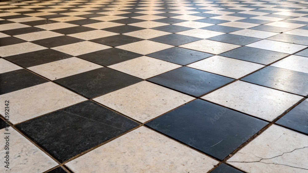 Aufkleber A medium closeup of a tiled floor capturing the symmetry of square tiles arranged in a checkerboard pattern. The play of light and shadow across the surface accentuates the clean