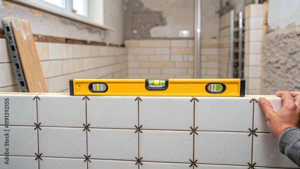 Poster A medium closeup of a tiler using a level to ensure that wall tiles are perfectly aligned capturing the tool resting on the tiles with a background of halffinished walls.