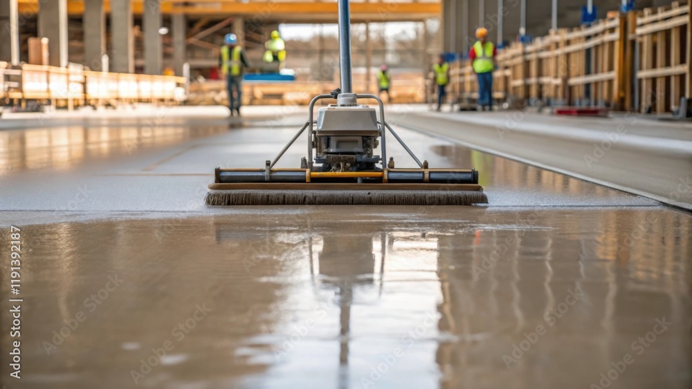 Poster A medium closeup of a troweling machine gliding over the wet concrete leaving behind a smooth finish surrounded by construction tools tered nearby.