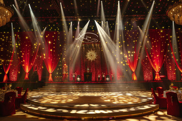 Red Theater Stage with Dramatic Lighting and Velvet Curtains, Elegant Performance Venue Setup with Spotlight and Theatrical Atmosphere