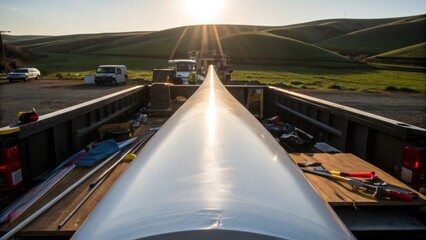 Fototapeta premium A medium closeup of a towering turbine blade glistening in the sun as it rests on a truck bed surrounded by tools and equipment with hills rolling in the distance.