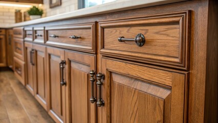 A medium closeup of a traditional wooden cabinet with fresh paint and new hardware emphasizing the contrast between oldworld craftsmanship and contemporary style in a kitchen