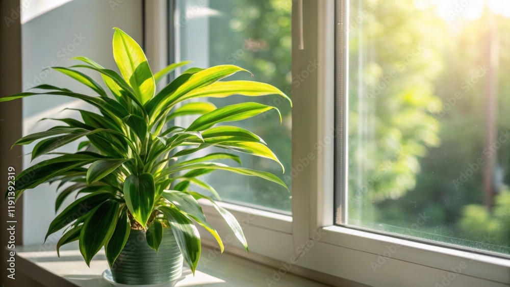 Poster a medium closeup of a vibrant indoor plant positioned beside a newly constructed window with sunligh