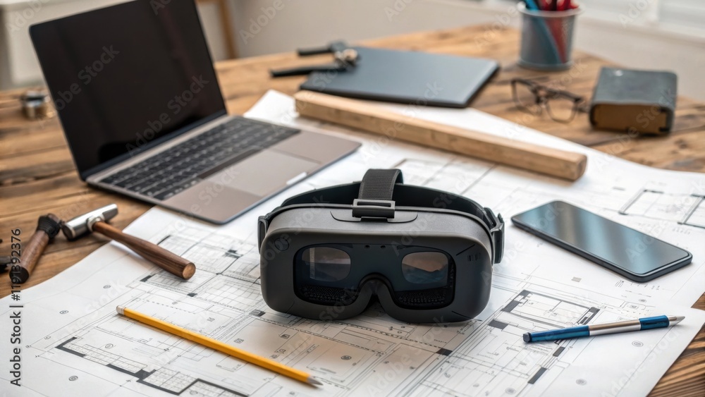 Poster A medium closeup of a VR headset resting on a table cluttered with construction plans tools and digital devices illustrating the integration of advanced technology in traditional