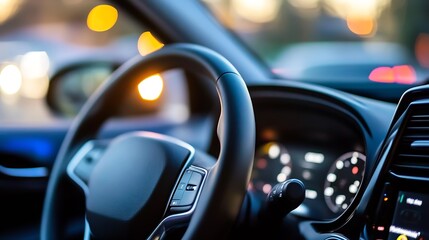 View from Inside Car with Steering Wheel in Focus and City Lights Blurred in Background : Generative AI