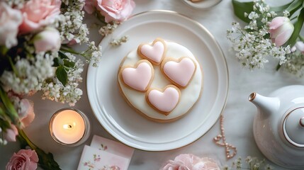 A minimalistic Valentine's Day setup featuring a heart-shaped cookie on a plate surrounded by flowers and a candle
