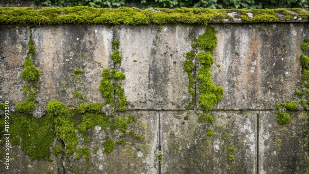 Poster a medium closeup of a weathered concrete wall covered in patches of moss and lichen illustrating a b