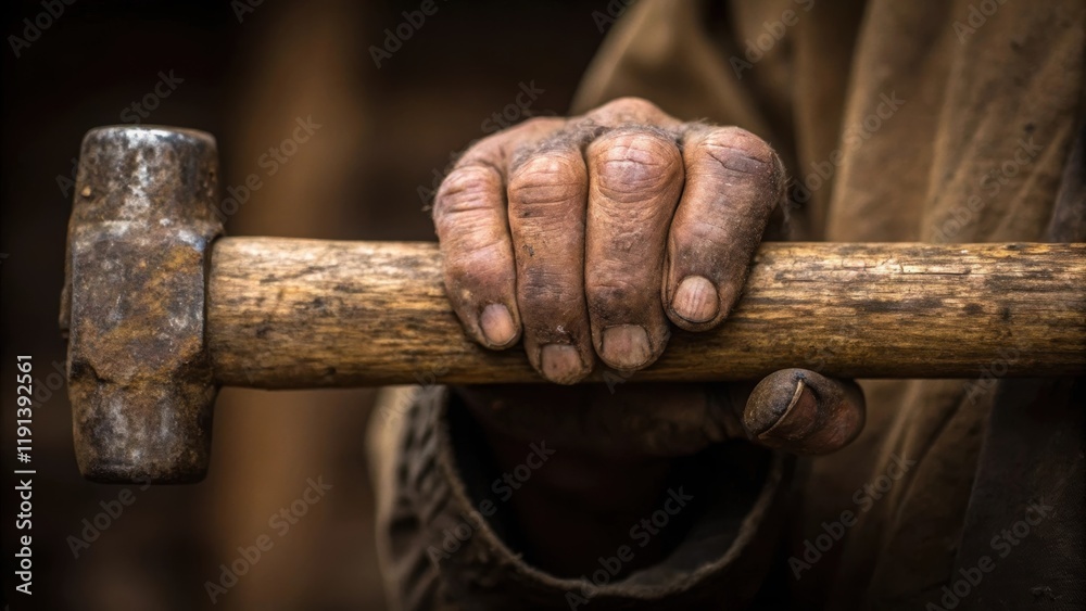 Poster a medium closeup of a weathered hand gripping a rustic wooden tool showcasing grooved calloused skin