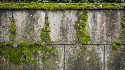 A medium closeup of a weathered concrete wall covered in patches of moss and lichen illustrating a beautiful juxtaposition of nature overtaking manmade materials with textures