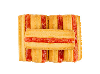Shortbread sticks with a jam strip isolated, biscuit cookies with fruit marmalade or jelly on white