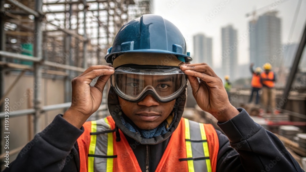Poster a medium closeup of a worker adjusting their safety goggles reflecting a commitment to safety and pr