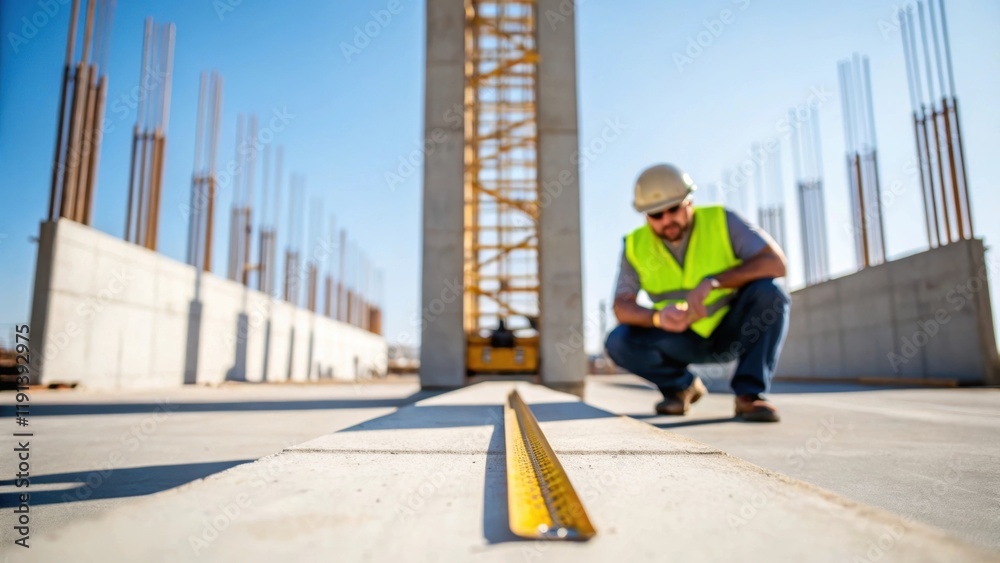 Leinwandbilder a medium closeup of a worker checking the levels of a concrete foundation kneeling in the foreground