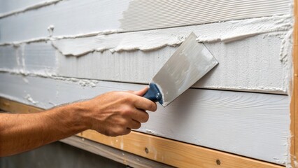A medium closeup of a worker applying joint compound with a putty knife to the seams of drywall the smooth texture contrasting against the rough edges of the boards.