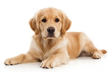 Obraz premium Adorable golden retriever puppy laying on white background looking at camera : Generative AI