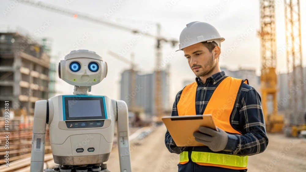Aufkleber A medium closeup of a worker programming a robotic assistant at a construction site emphasizing the human element in controlling and customizing automation systems.