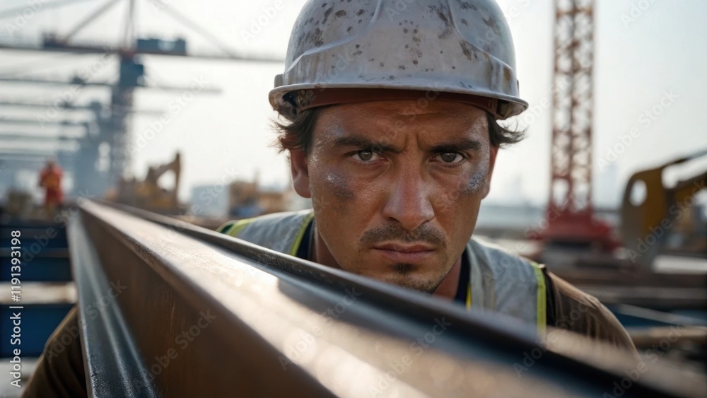 Poster a medium closeup of a workers determined face sweat glistening on their brow as they focus intently 