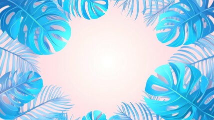 Blue tropical leaves frame, pastel background, summer design, website banner