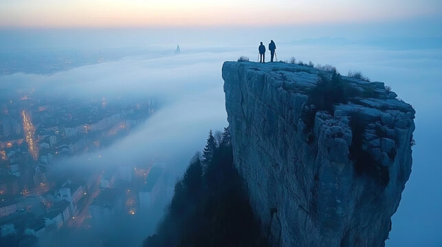 foggy morning vista from clifftop overlooking serene cityscape at sunrise with two silhouettes against misty urban landscape in dramatic aerial photography scene of breathtaking beauty