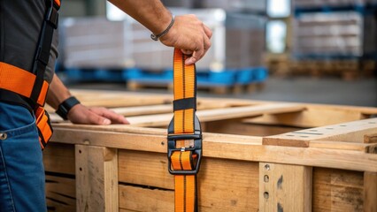 A medium closeup of a workers hand adjusting the safety harness around a wooden crate illustrating the meticulous attention to detail necessary for secure lifting operations.