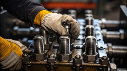 A medium closeup of a workers hands wearing gloves while tightening bolts on a machinery component capturing the intricate movements and the gleaming steel of the bolts