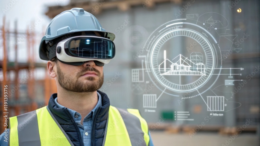 Aufkleber A medium closeup of a worker wearing augmented reality glasses interacting with holographic overlay showing construction progress symbolizing the convergence of VR and realtime