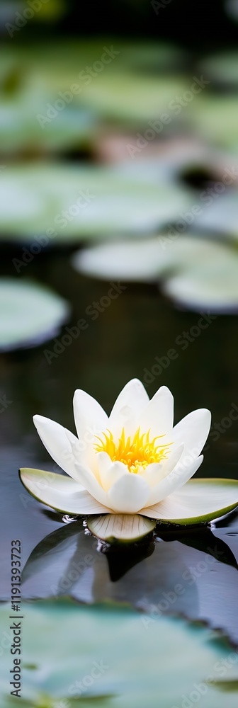 Poster close up of a serene white water lily floating on a tranquil pond with soft focus background : Generative AI