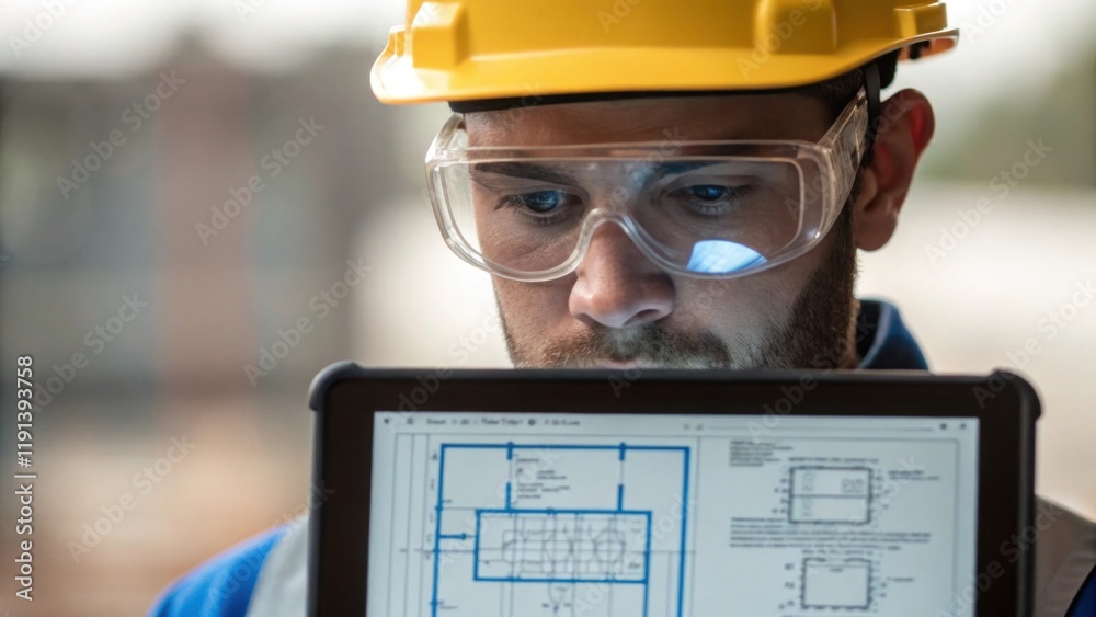 Aufkleber A medium closeup of a worker wearing safety goggles and a hard hat intently focused on a tablet displaying blueprints illustrating the integration of technology in planning and